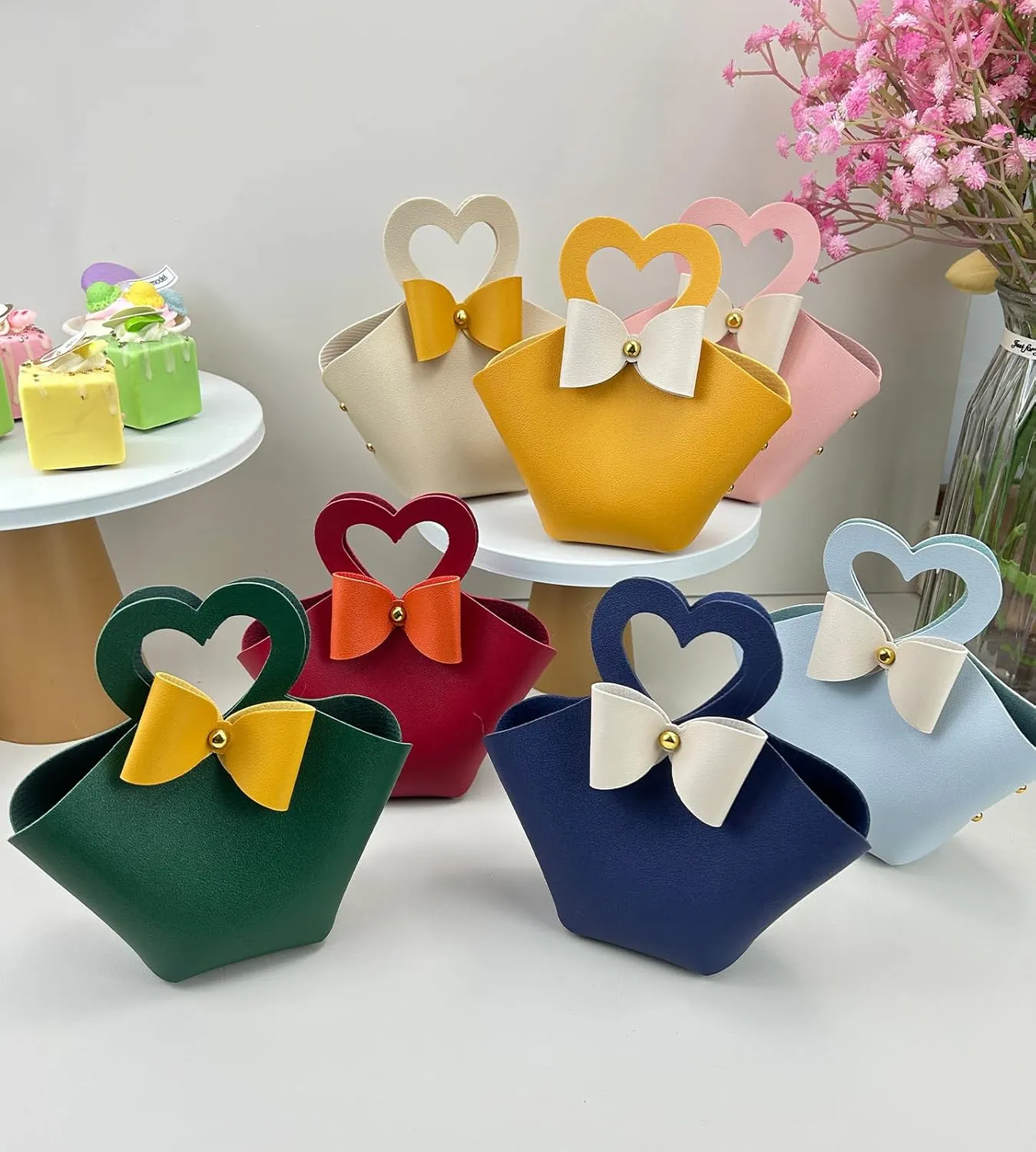 10 pack Mini PU Leather Gift Boxes with Handle, Reusable Leather Small Party Favor Box, Exquisite Mini Handbag Gift Bags for Wedding Bridal Shower Baptism Baby Shower Birthday Party Decoration Supplies