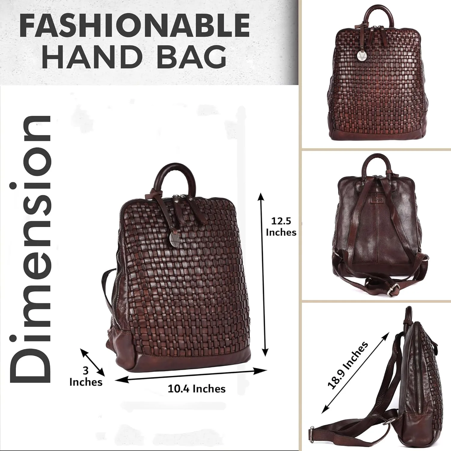 12.5 Inch Genuine Leather Backpack for Women and Men, Brown Leather Backpack with Adjustable Shoulder Strap