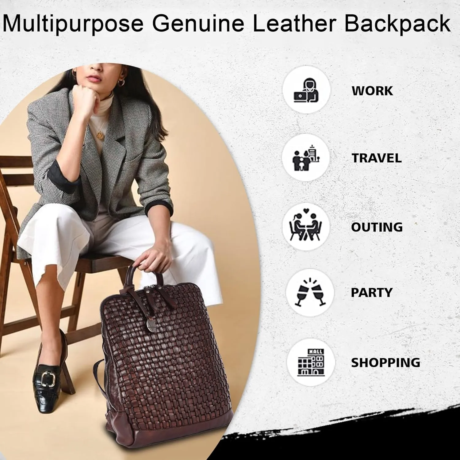 12.5 Inch Genuine Leather Backpack for Women and Men, Brown Leather Backpack with Adjustable Shoulder Strap