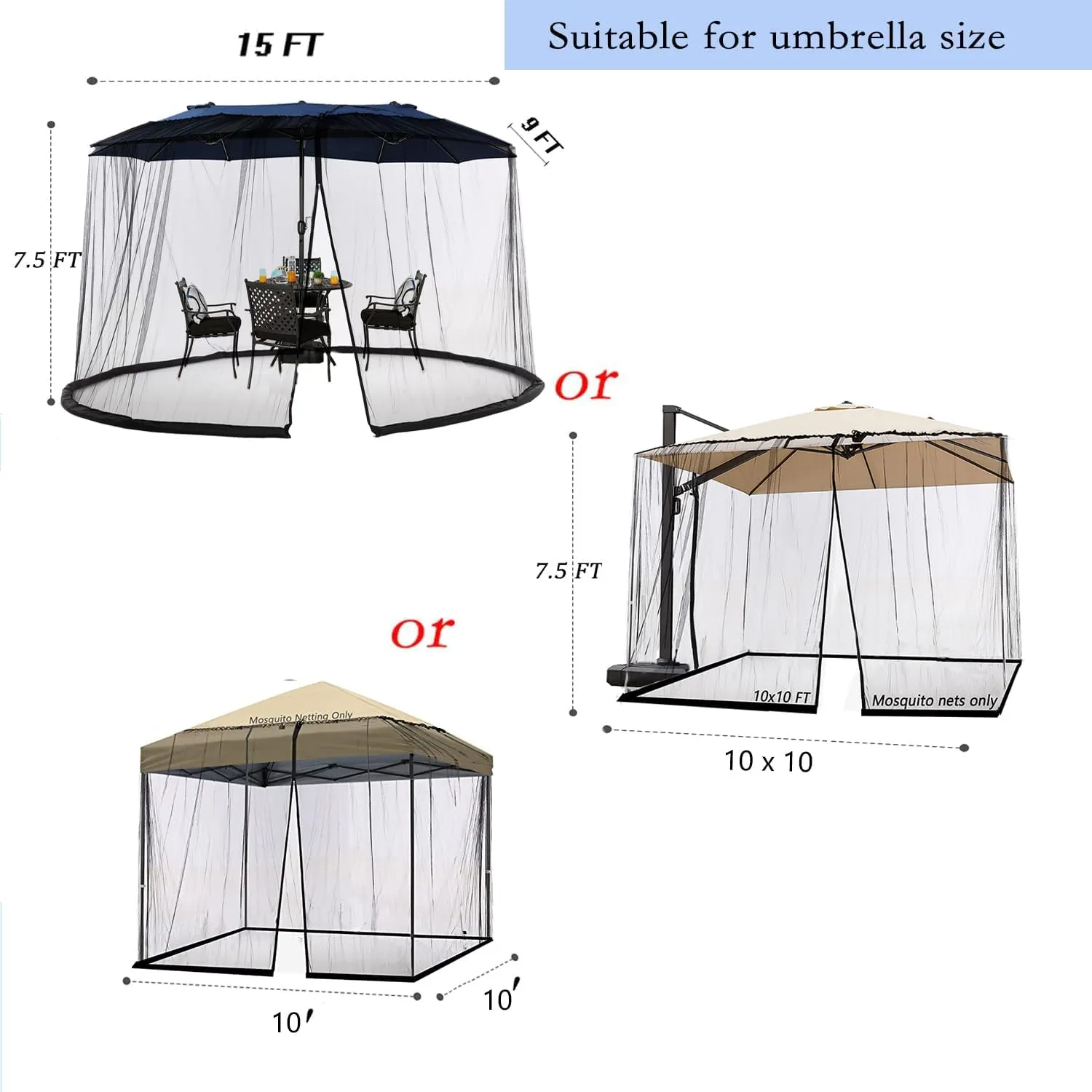 15Ft Mosquito Netting for Patio 15ft Double-Sided Umbrella Large Outdoor, Patio Screen Mesh with Double Zipper and Ground Anchor Tiimmgaal (Mosquito Netting Only)(Black)