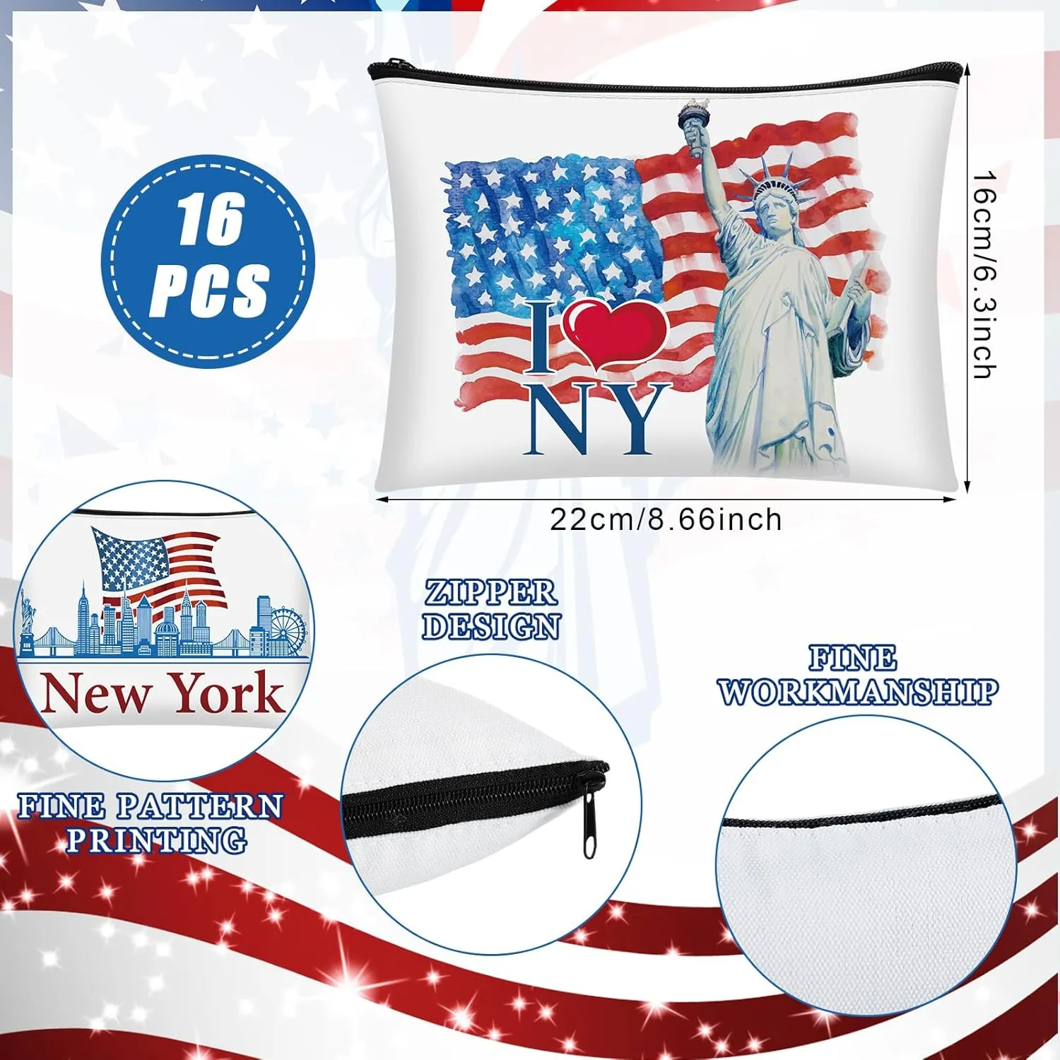 16 Pcs New York Cosmetic Bag Souvenir Gifts Makeup Bag Travel Vacation Zipper Pouch Purse for Women Birthday Trip Gifts Party Favors