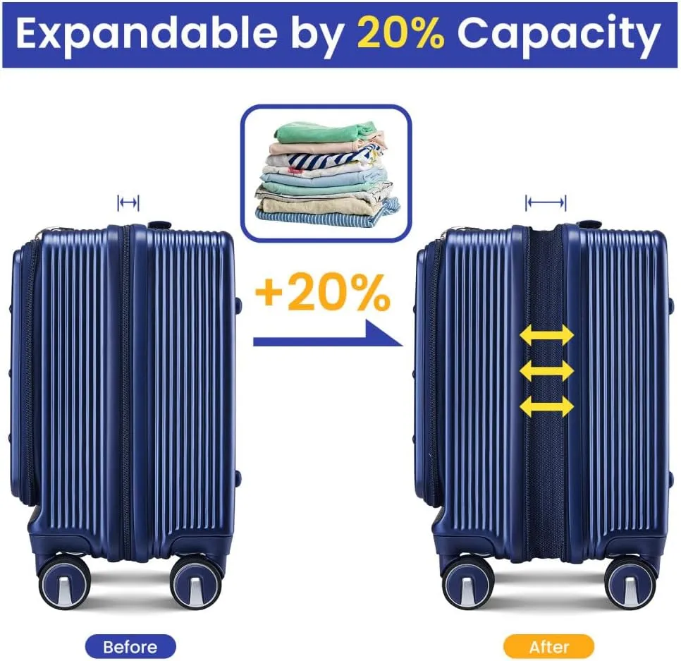 18" Carry On Luggage with Front Open Door &Laptop Interlayer, Hard Shell Suitcase Built-In TSA Luggage Lock, Hardside Lightweight PC Travel Suitcase for Women Men with Spinner Wheels Airline Approved