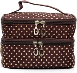 1Pc Women Portable Cosmetic Toiletry Bags Travel Storage Organizer Double Layer Cosmetic Bag with Dot Travel Toiletry Cosmetic Makeup Bag Organizer (coffee)