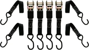 1" X 10' Standard Duty Durable Reliable Weather-Resistant Versatile Reinforced Ratchet Straps with Vinyl-Coated S-Hooks | 300LB Working Strength/900LB Breaking Strength | 4 Pack, Black