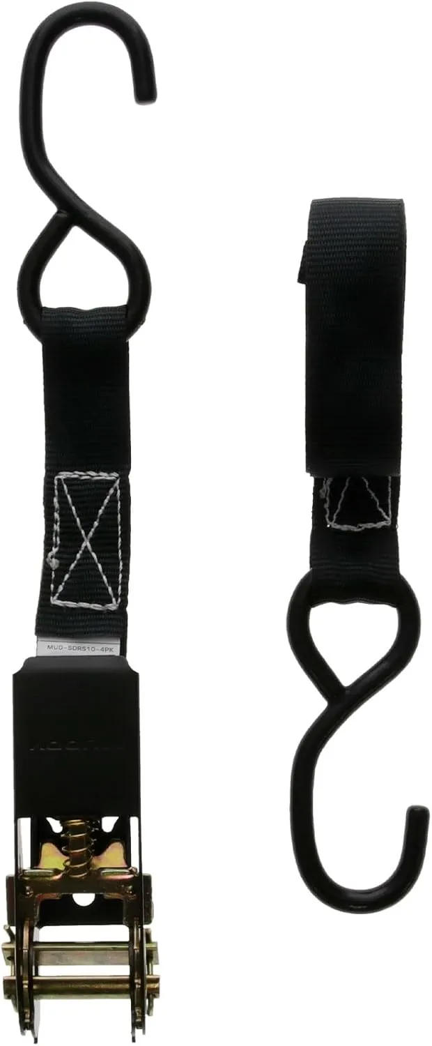 1" X 10' Standard Duty Durable Reliable Weather-Resistant Versatile Reinforced Ratchet Straps with Vinyl-Coated S-Hooks | 300LB Working Strength/900LB Breaking Strength | 4 Pack, Black