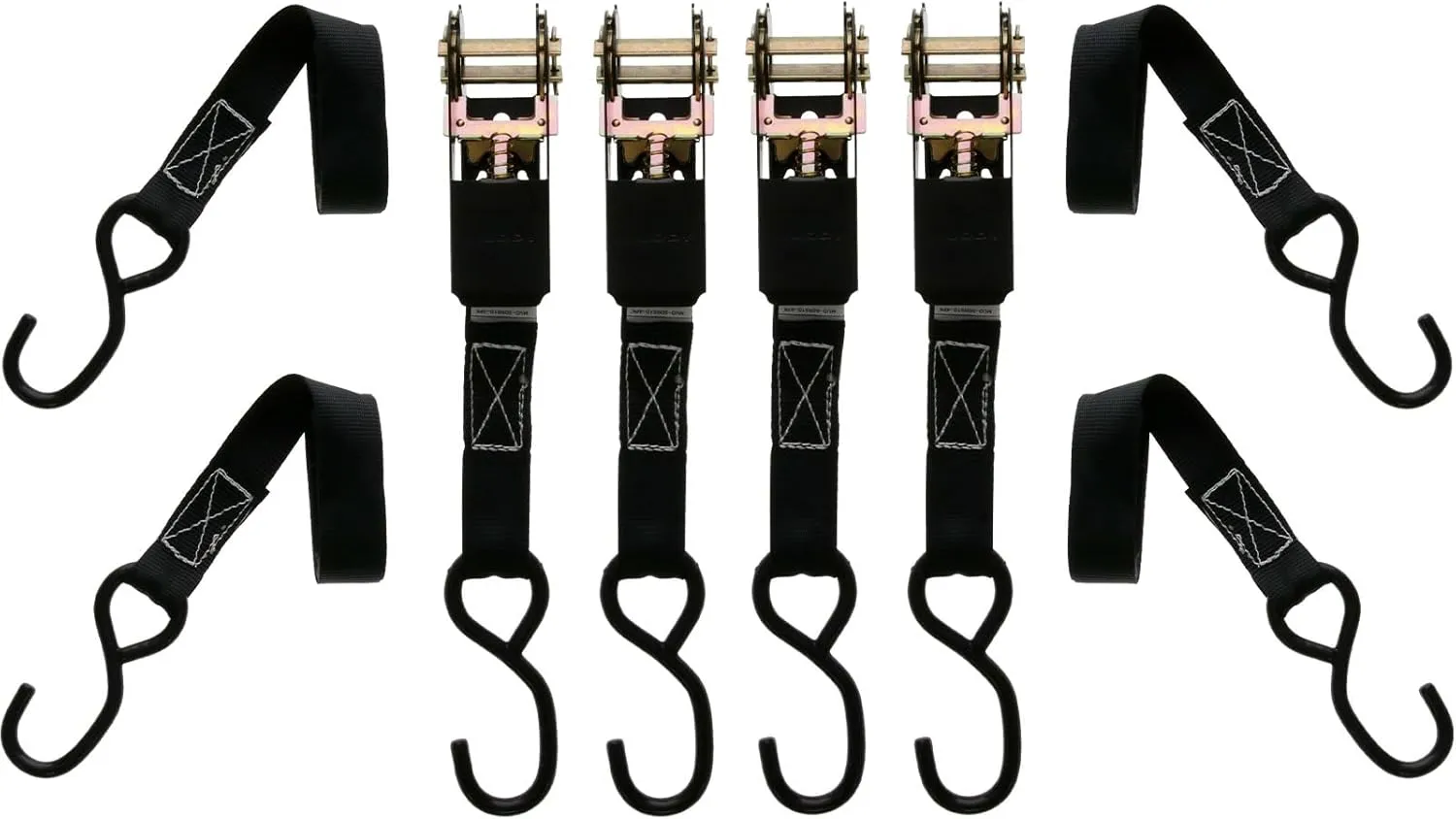 1" X 10' Standard Duty Durable Reliable Weather-Resistant Versatile Reinforced Ratchet Straps with Vinyl-Coated S-Hooks | 300LB Working Strength/900LB Breaking Strength | 4 Pack, Black
