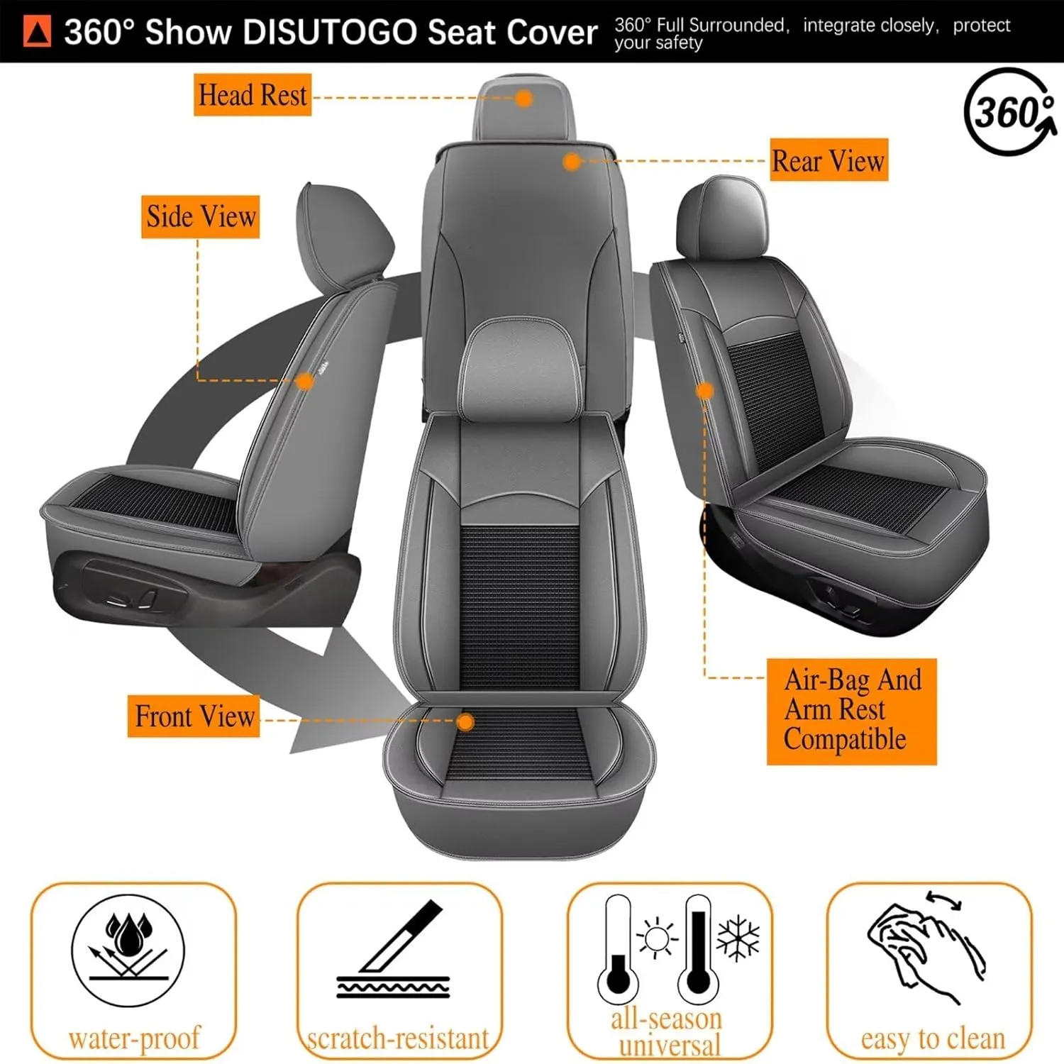 2 Front Seat Covers Fit for Chevy/Chevrolet Suburban 2009-2023 2024 2025: Car Seat Covers Leather Waterproof Ice Silk Breathable Car Seat Cushion Protector (2 Seats, Black & Grey)