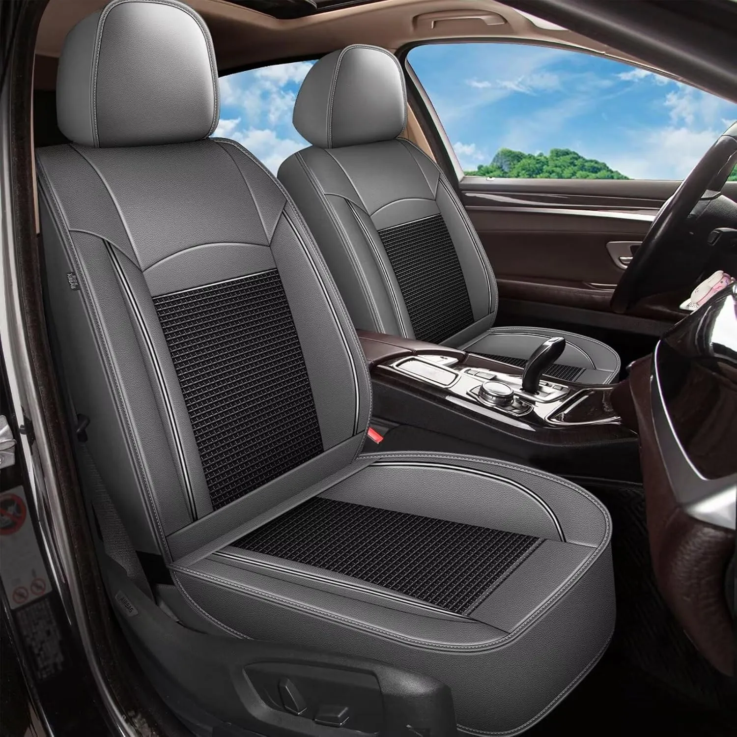 2 Front Seat Covers Fit for Chevy/Chevrolet Suburban 2009-2023 2024 2025: Car Seat Covers Leather Waterproof Ice Silk Breathable Car Seat Cushion Protector (2 Seats, Black & Grey)