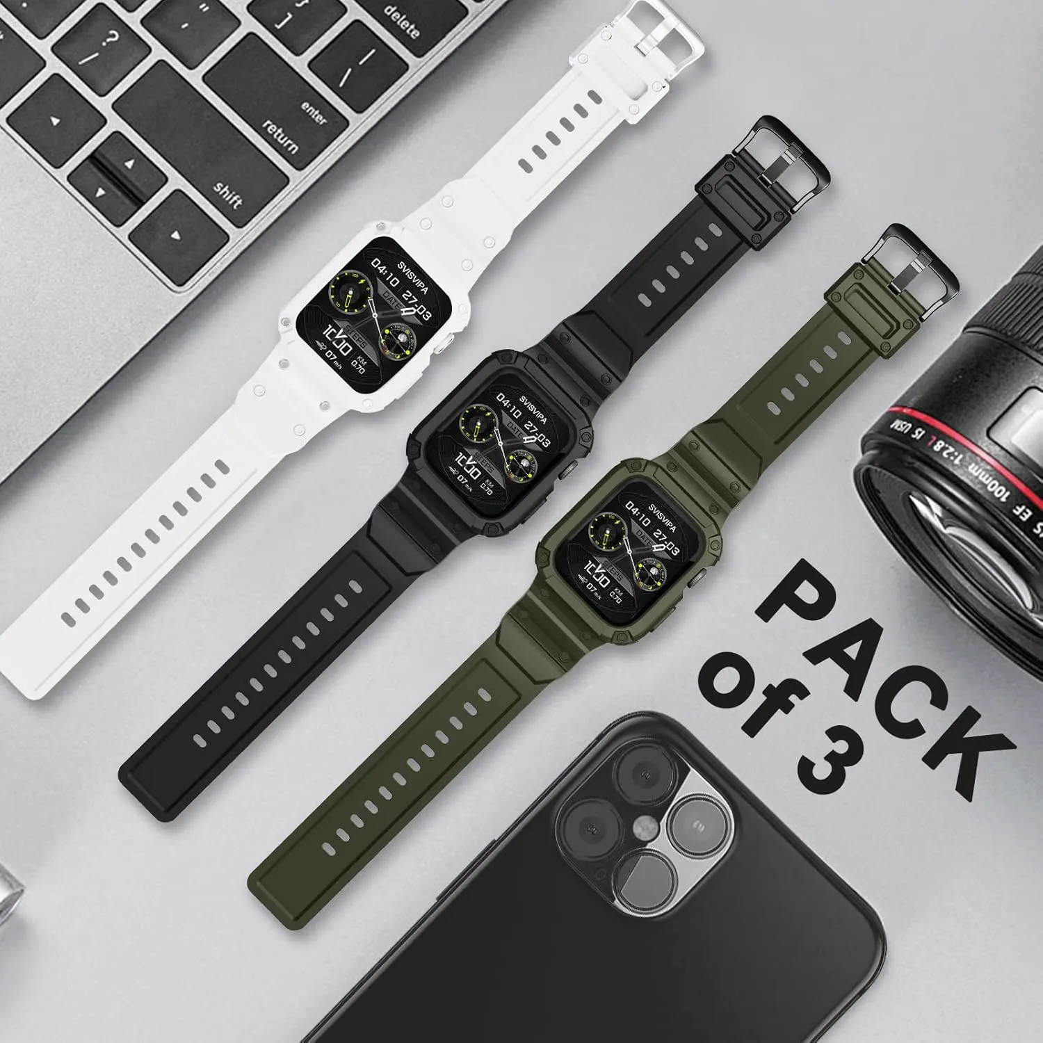 [3 Pack] SVISVIPA Band with Case Compatible for Apple Watch 45mm 44mm 42mm iWatch Series 8 7 SE 6 5 4 3 2 1 Strap, Men Women Sport Strap with Bumper Rugged Shockproof Military Protective, 3 Pack