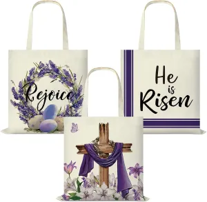 3Pack Easter Canvas Gift Bags with Handles Party Supplies,10 x 8 Inch He is Risen Sign Tote Bags Religious Inspiring Treat Basket Bulk for Kids Easter Theme Spring Party Favors Decorations