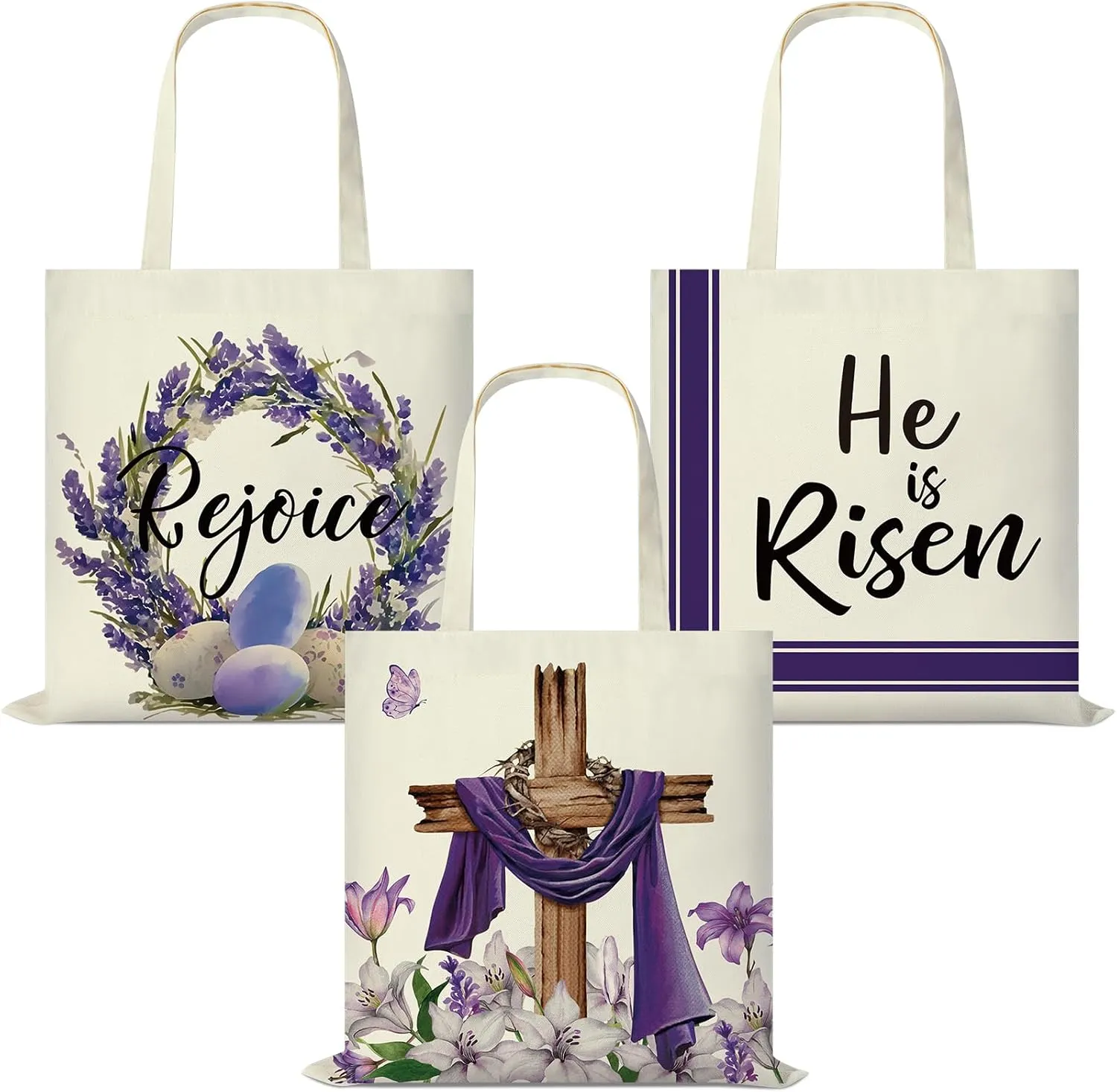 3Pack Easter Canvas Gift Bags with Handles Party Supplies,10 x 8 Inch He is Risen Sign Tote Bags Religious Inspiring Treat Basket Bulk for Kids Easter Theme Spring Party Favors Decorations