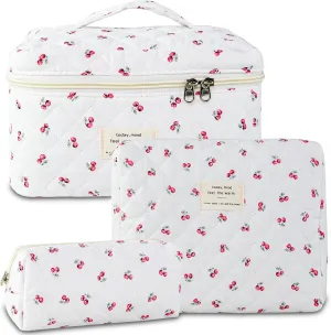 3Pcs Quilted Makeup Bag for Women, Large Travel Makeup Bag Set, Cute Aesthetic Cosmetic Bags, Floral Cotton Makeup Pouch Coquette Toiletry Organizer Bag