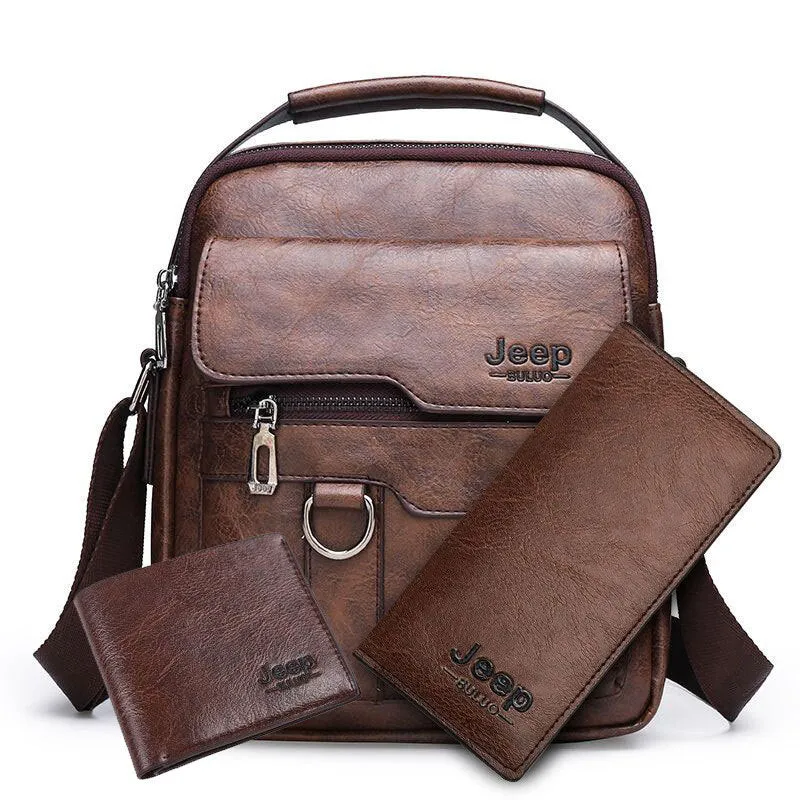 3Pcs Set Jeep Vintage Men's Leather Crossbody Long Wallet Short wallet Set