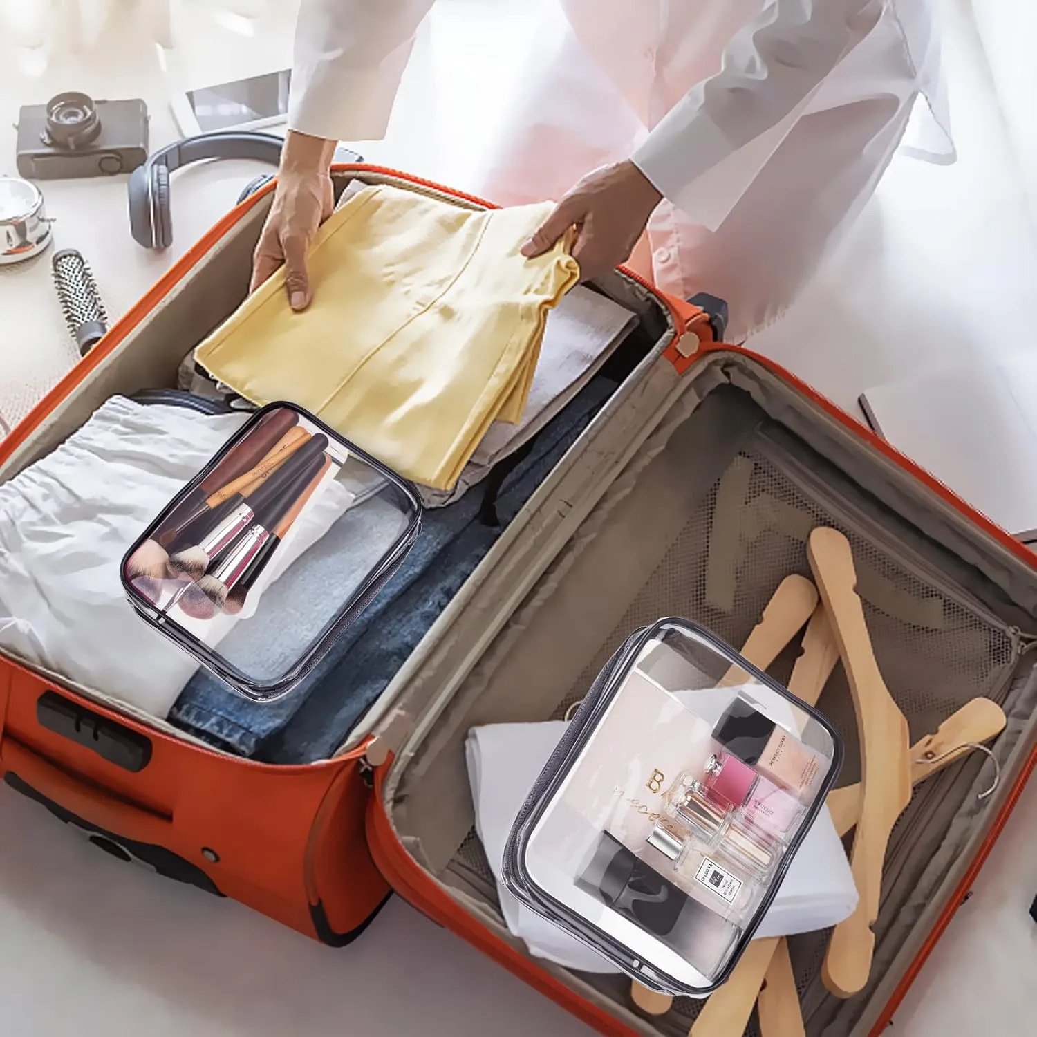 3pcs TSA Approved Clear Toiletry Bag, Crystal Clear Travel Bag PVC Cosmetic Bag, Travel Accessories Clear Makeup Bags Set Carry on Airport Airline Compliant Bag Luggage Pouch with Zipper Handle Women