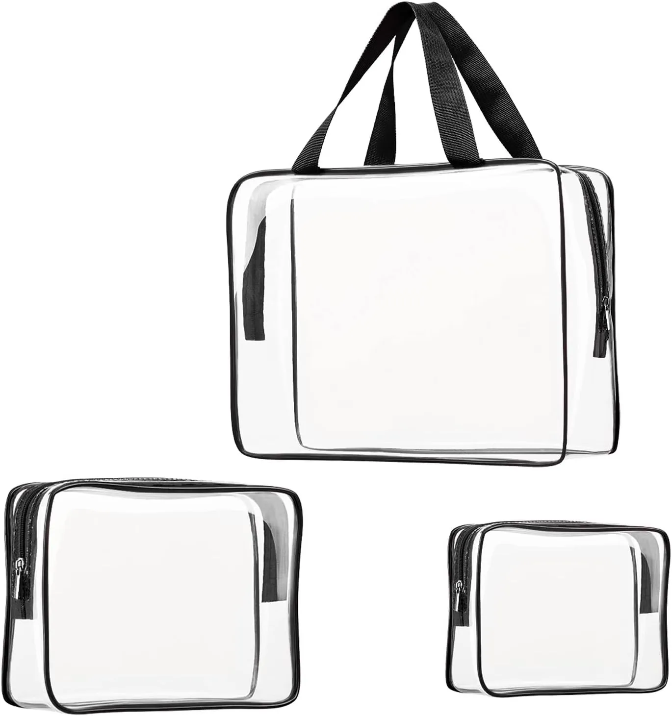 3pcs TSA Approved Clear Toiletry Bag, Crystal Clear Travel Bag PVC Cosmetic Bag, Travel Accessories Clear Makeup Bags Set Carry on Airport Airline Compliant Bag Luggage Pouch with Zipper Handle Women