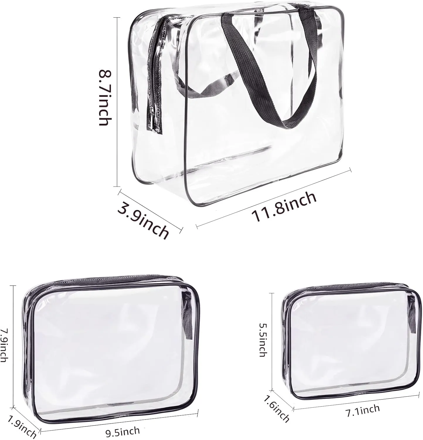3pcs TSA Approved Clear Toiletry Bag, Crystal Clear Travel Bag PVC Cosmetic Bag, Travel Accessories Clear Makeup Bags Set Carry on Airport Airline Compliant Bag Luggage Pouch with Zipper Handle Women