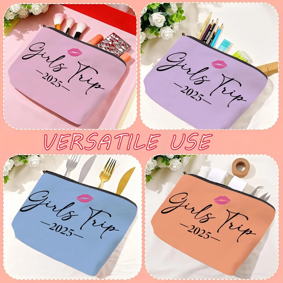 4 PCS Girls Trip Gifts girls trip gifts favors Girls Trip Makeup Bag Girls Girls Weekend Gifts Ideas for Women Cosmetic Bag Weekender Bag for Women Easter, Mother's Day, Nurses' Day, Holiday Vacation