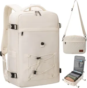 40L Waterproof Travel Backpack for Men & Women, Airline Approved Carry on Laptop Backpack, 17.3 Inch, with Detachable Crossbody Bag,Beige