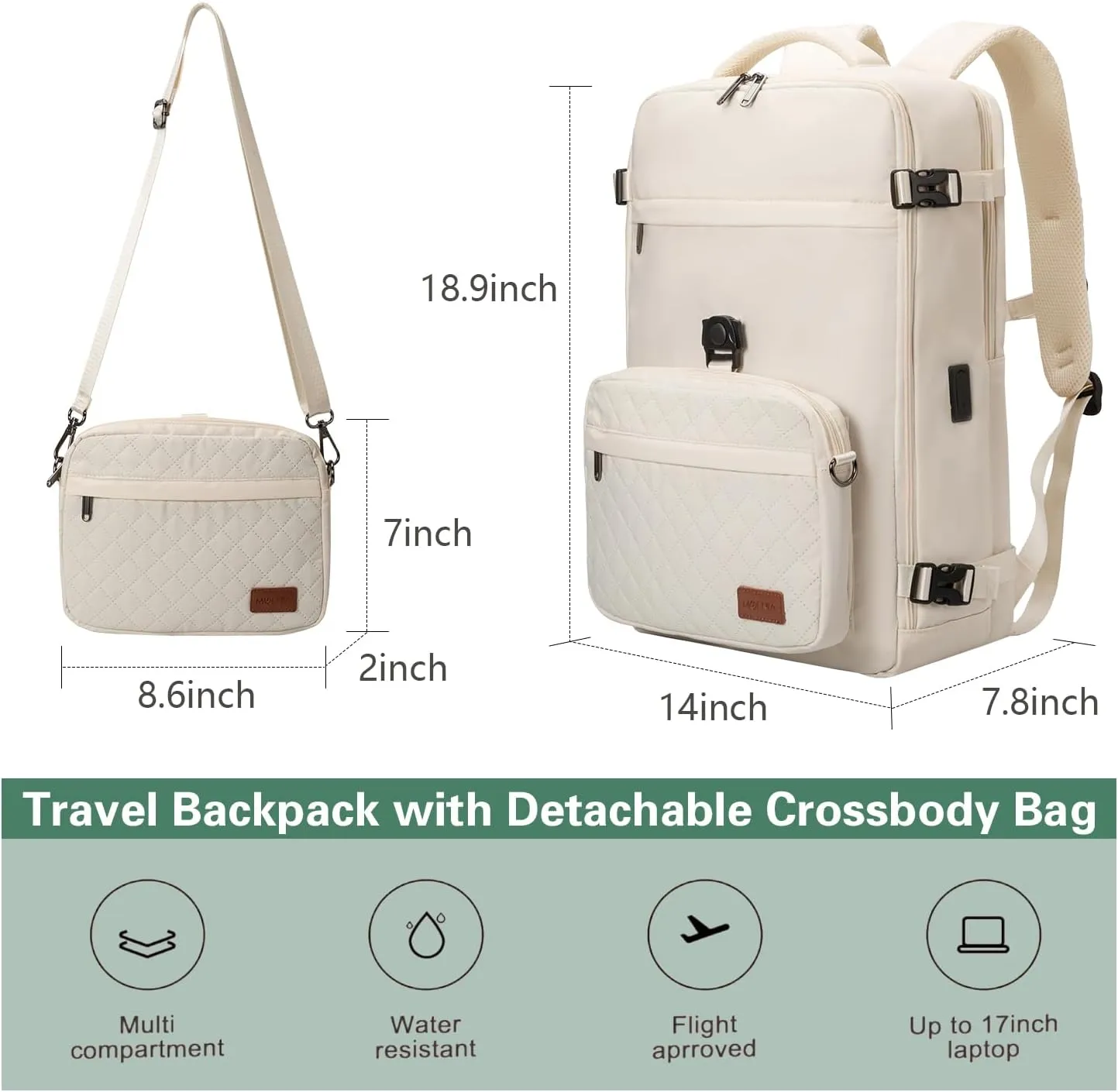 40L Waterproof Travel Backpack for Men & Women, Airline Approved Carry on Laptop Backpack, 17.3 Inch, with Detachable Crossbody Bag,Beige