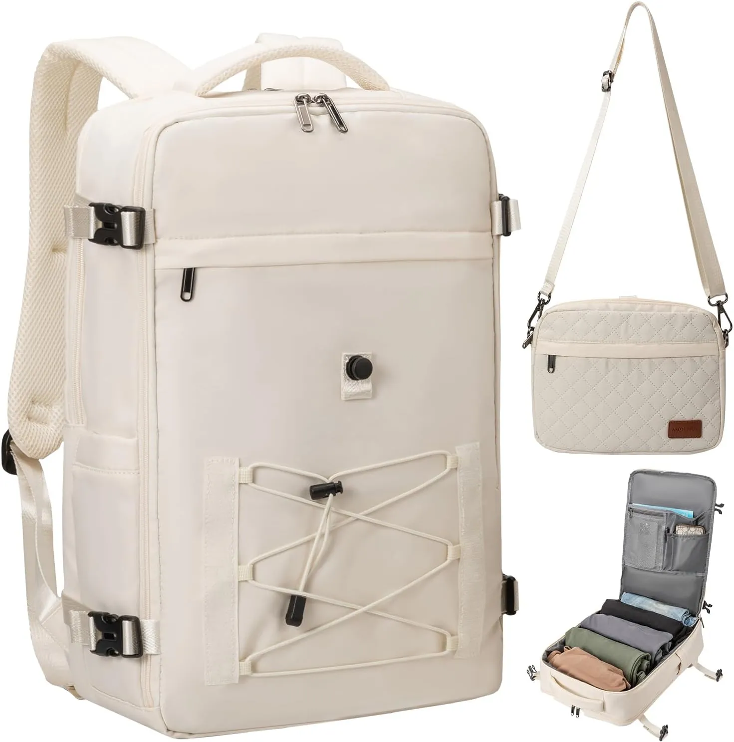 40L Waterproof Travel Backpack for Men & Women, Airline Approved Carry on Laptop Backpack, 17.3 Inch, with Detachable Crossbody Bag,Beige
