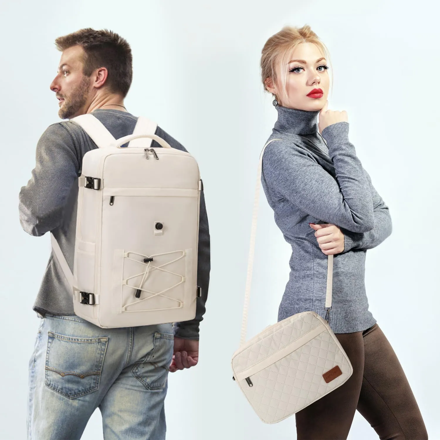 40L Waterproof Travel Backpack for Men & Women, Airline Approved Carry on Laptop Backpack, 17.3 Inch, with Detachable Crossbody Bag,Beige