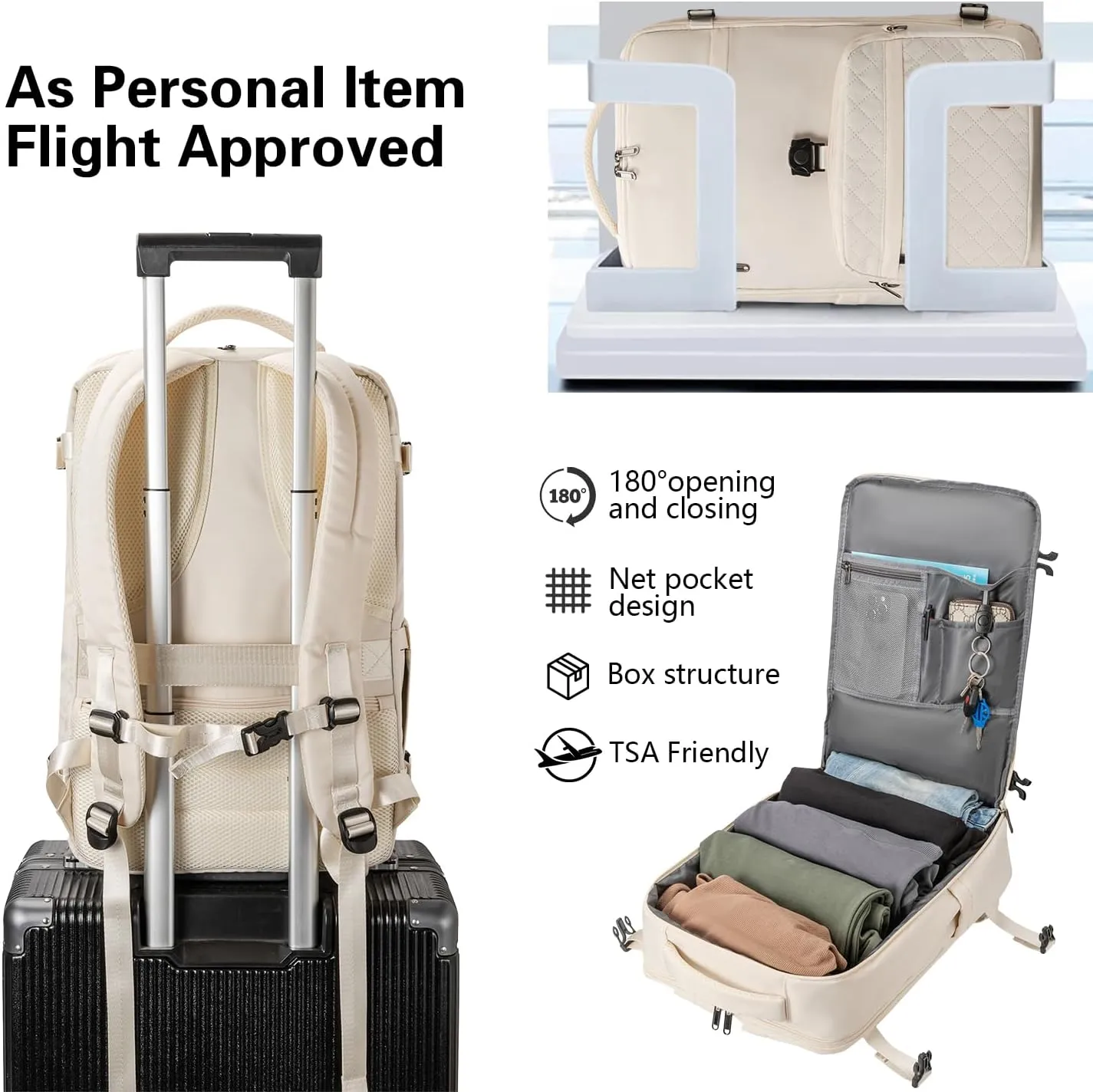 40L Waterproof Travel Backpack for Men & Women, Airline Approved Carry on Laptop Backpack, 17.3 Inch, with Detachable Crossbody Bag,Beige