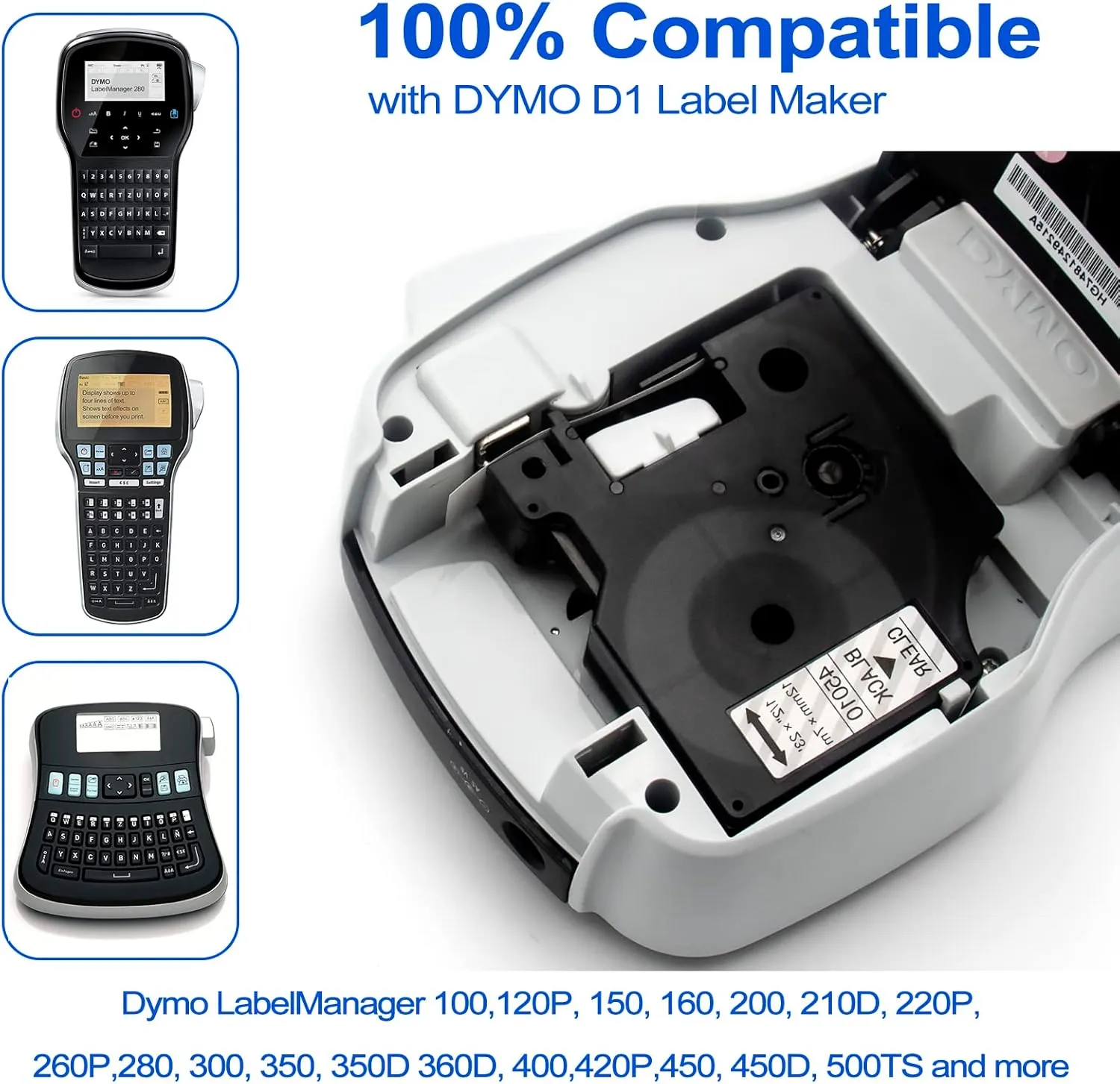 45010 Label Tape Work for Dymo D1 Black on Clear Tape Compatible with Dymo Label Maker Refills Clear 1/2 Inch x 23 Ft for DYMO LabelManager 160 PnP 260P 210D 280 420 450D，5 Cartridges