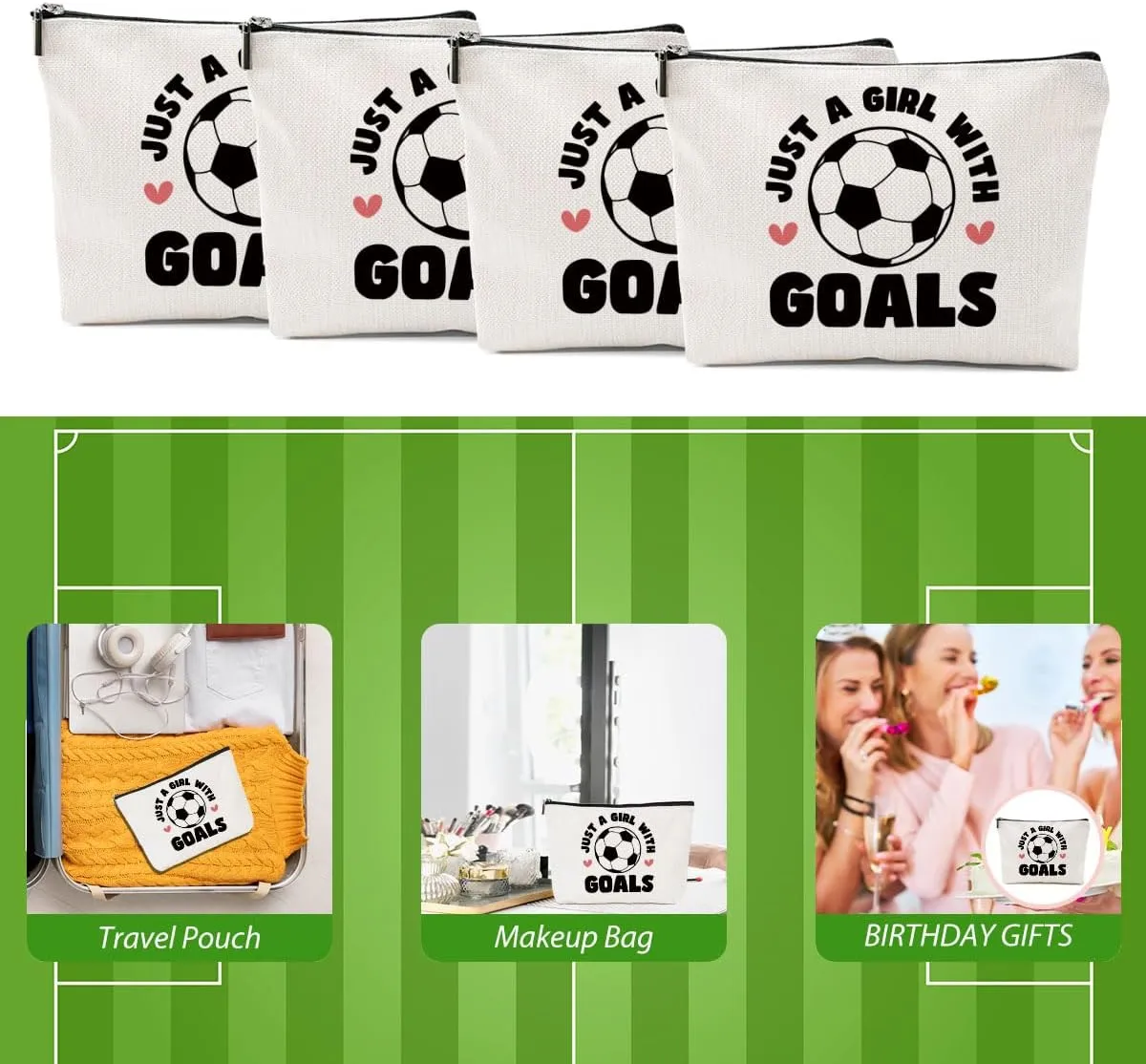4PCS Soccer Gifts Makeup Bag, Soccer Coach Gifts,Soccer Stuff Accessories Cosmetic Bag for Women Her Girls Soccer Lovers Christmas Birthday Gifts Soccer Themed Gifts Travel Toiletry Bag Zipper Pouch