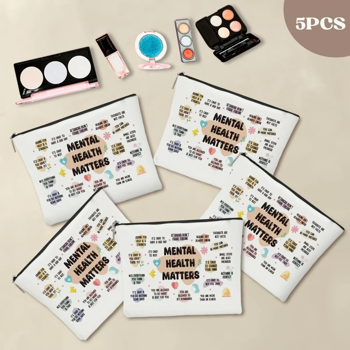 5 Pcs Positive Affirmation Gifts Inspirational Quote Mental Health Awareness Makeup Bag Cosmetic Bag for Women Girl Daughter Bestie Friend Coworker Bestie Thanksgiving Christmas Graduation Birthday