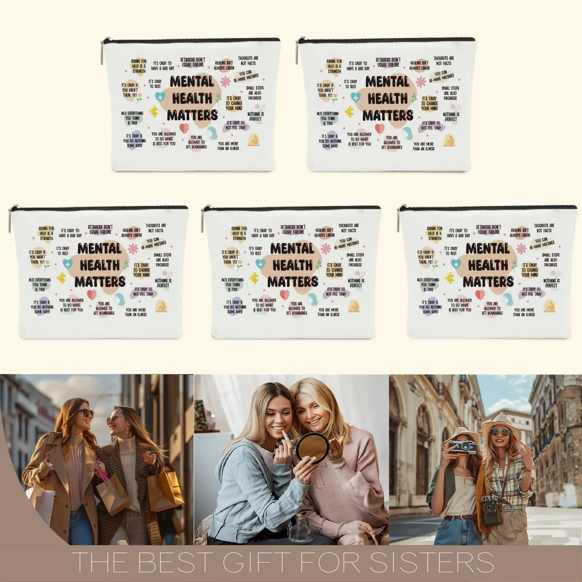 5 Pcs Positive Affirmation Gifts Inspirational Quote Mental Health Awareness Makeup Bag Cosmetic Bag for Women Girl Daughter Bestie Friend Coworker Bestie Thanksgiving Christmas Graduation Birthday