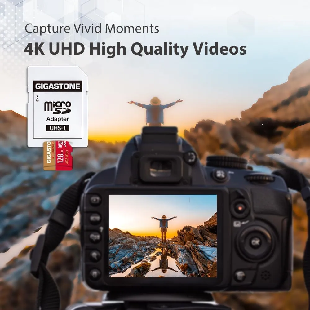 [5 Years Free Data Recovery] Gigastone Memory Card 128GB 2 Pack 4K Pro Camera, Compatible with GoPro Switch, Speed 100MB/s. A2 U3 V30 Micro SDXC Card with SD Adapter.