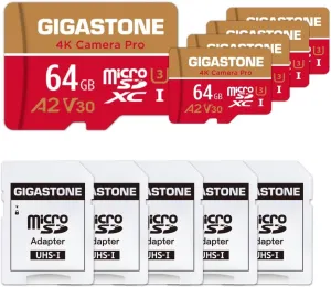 [5-Yrs Free Data Recovery] GIGASTONE 64GB Micro SD Card 5-Pack, 4K Camera Pro, A2 V30 Compatible with Gopro, Dash Cam, DJI, Drone, Security Camera, Speed Up to 95MB/s, UHS-I U3 C10, with Adapter