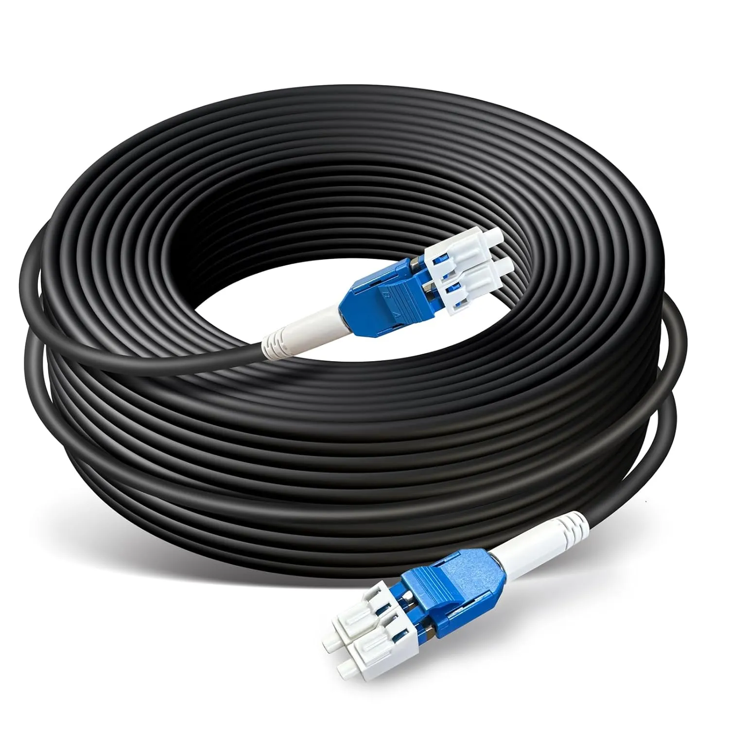 50ft/15m OD-5mm Industrial TPU OS2 LC to LC Outdoor Armored Fiber Optic Cable, Duplex Single Mode Fiber Patch Cable, 9/125um Uniboot LC Fiber Direct Bury
