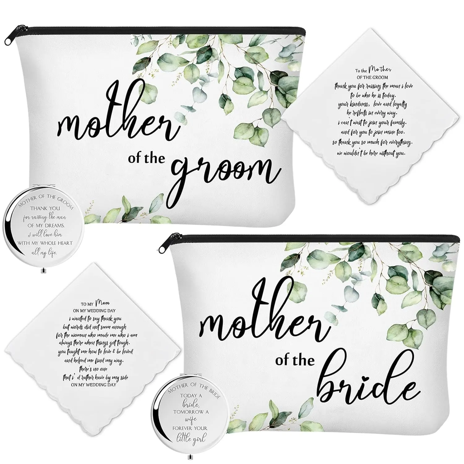 6 Pack Mother of the Bride Gifts Mother of the Groom Gifts Set Includes 2 Leaves Cosmetic Bag 2 Makeup Mirror 2 Mom Handkerchief for Women Wedding Engagement Proposal Bridal Shower