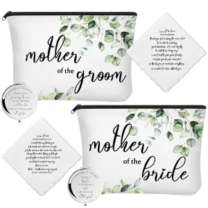 6 Pack Mother of the Bride Gifts Mother of the Groom Gifts Set Includes 2 Leaves Cosmetic Bag 2 Makeup Mirror 2 Mom Handkerchief for Women Wedding Engagement Proposal Bridal Shower