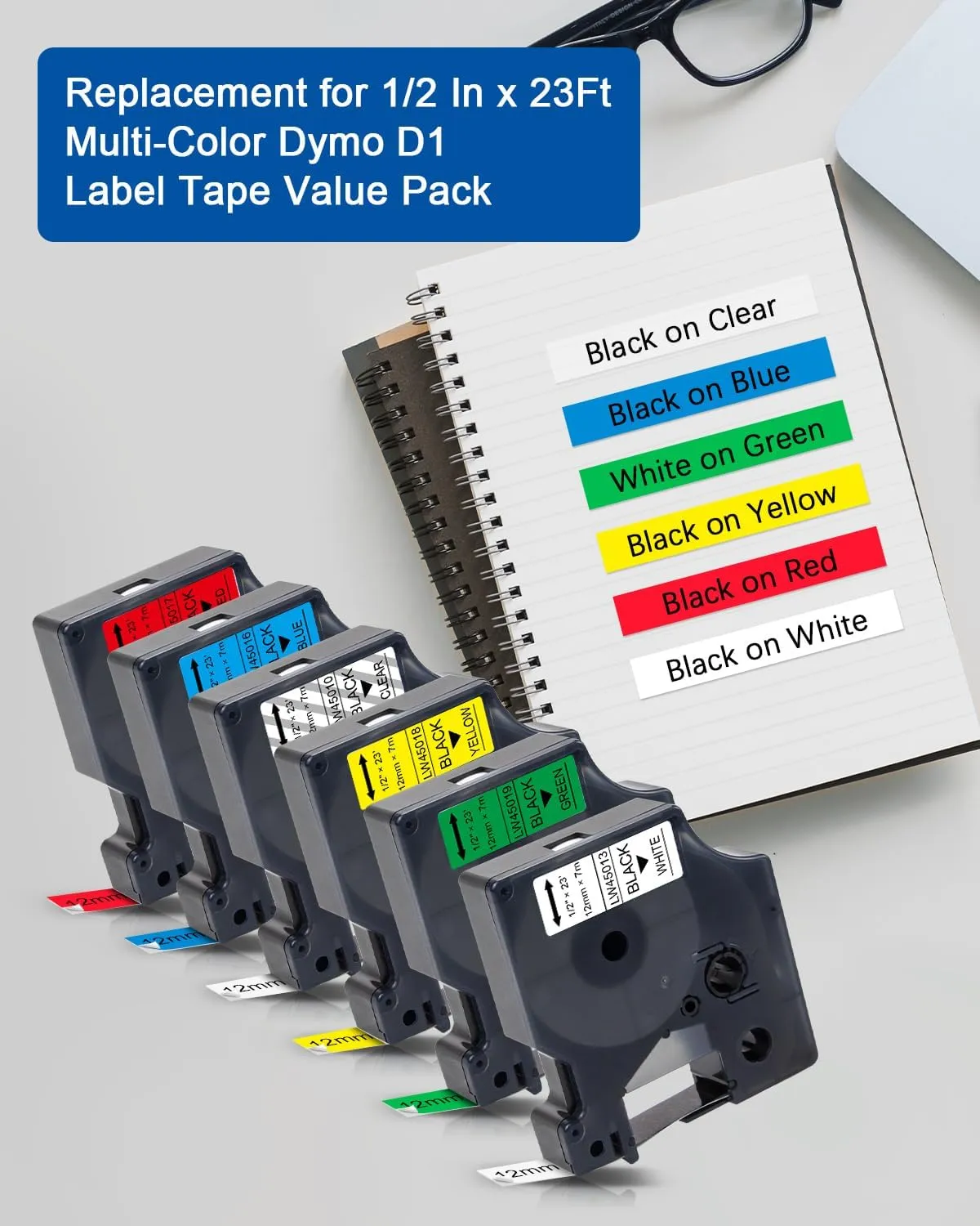 6-Pack Replacement for Dymo D1 Label Tape 45013 45010 45016 45017 45018 45019 Color 1/2” Refills for LabelManager 160 280 210D 360D 420P 450D 450P 450DUO, Clear/White/Blue/Red/Yellow/Green