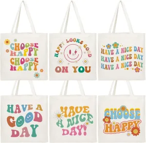 6 Pcs Aesthetic Canvas Tote Bags for Women Girls Beach Reusable Grocery Shoulder Bags Inspirational Gifts