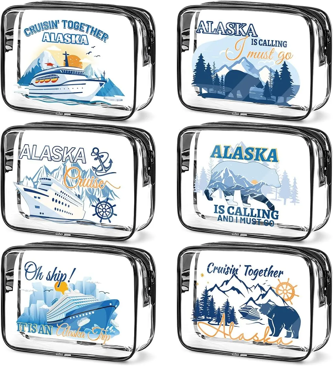 6 Pcs Clear Alaska Makeup Bags Gifts for Women, Beach Cruise Cosmetic Bag,Alaska Cruise Essentials, Travel PVC Waterproof Toiletry Bags for Girls Sister Daughter Nurse Teacher