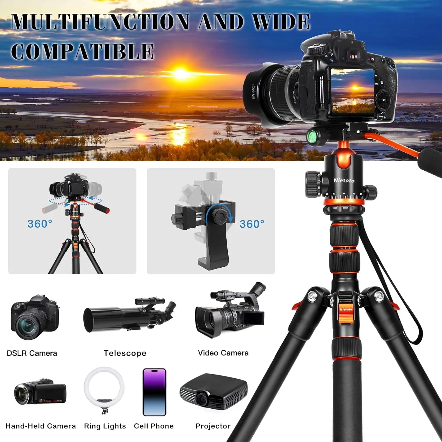 68" Tripod for Camera, 2 in1 Camera Tripods & Monopods with Removable Handle, Professional CNC Ball Head Video Tripod, Heavy Duty Tripod for DSLR Camera Lasers Spotting Scope Binoculars Telescope
