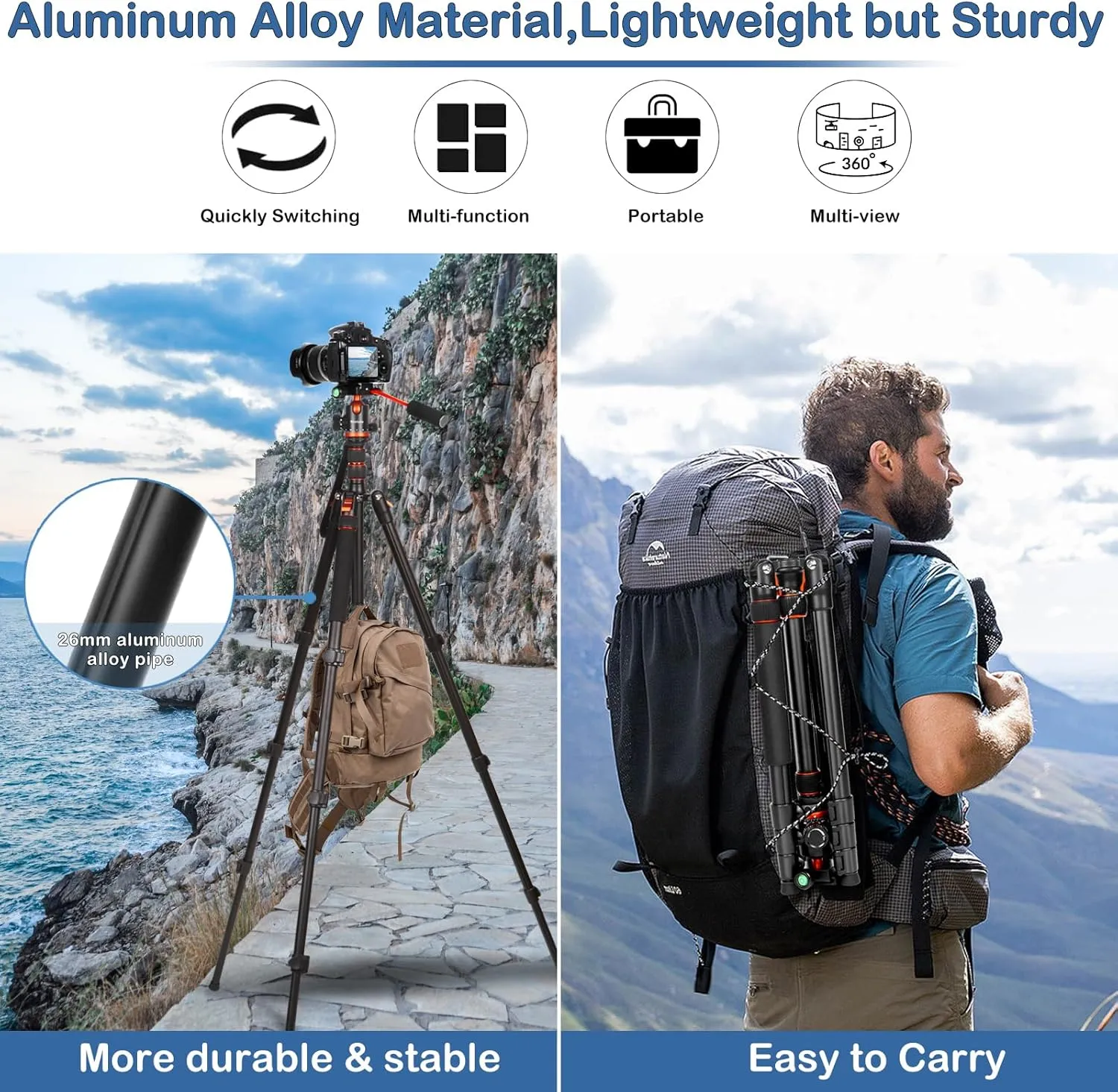 68" Tripod for Camera, 2 in1 Camera Tripods & Monopods with Removable Handle, Professional CNC Ball Head Video Tripod, Heavy Duty Tripod for DSLR Camera Lasers Spotting Scope Binoculars Telescope