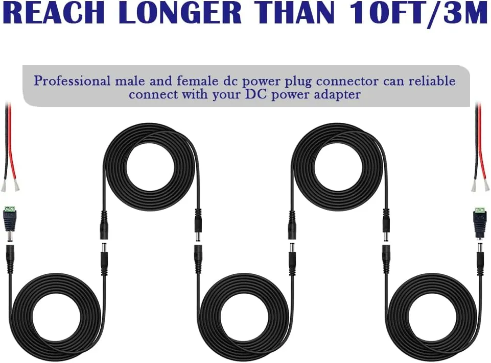 6PCS 10FT(3m) 12V DC Power Extension Cable with Power Jack Adapter Connectors(2 x Male   2 x Female) 5.5mm x 2.1mm DC Power Adapter Extension Cord and Cable Wire Ends Plug HE016-6