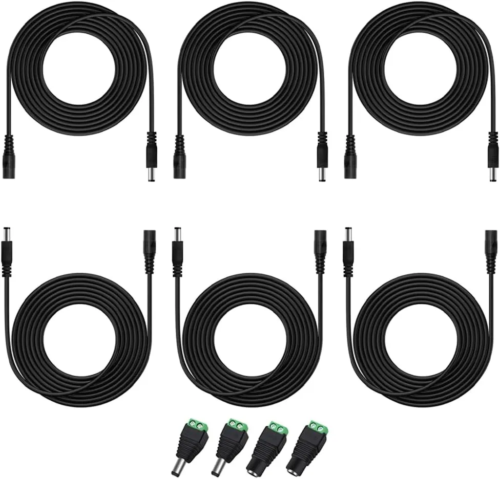 6PCS 10FT(3m) 12V DC Power Extension Cable with Power Jack Adapter Connectors(2 x Male   2 x Female) 5.5mm x 2.1mm DC Power Adapter Extension Cord and Cable Wire Ends Plug HE016-6