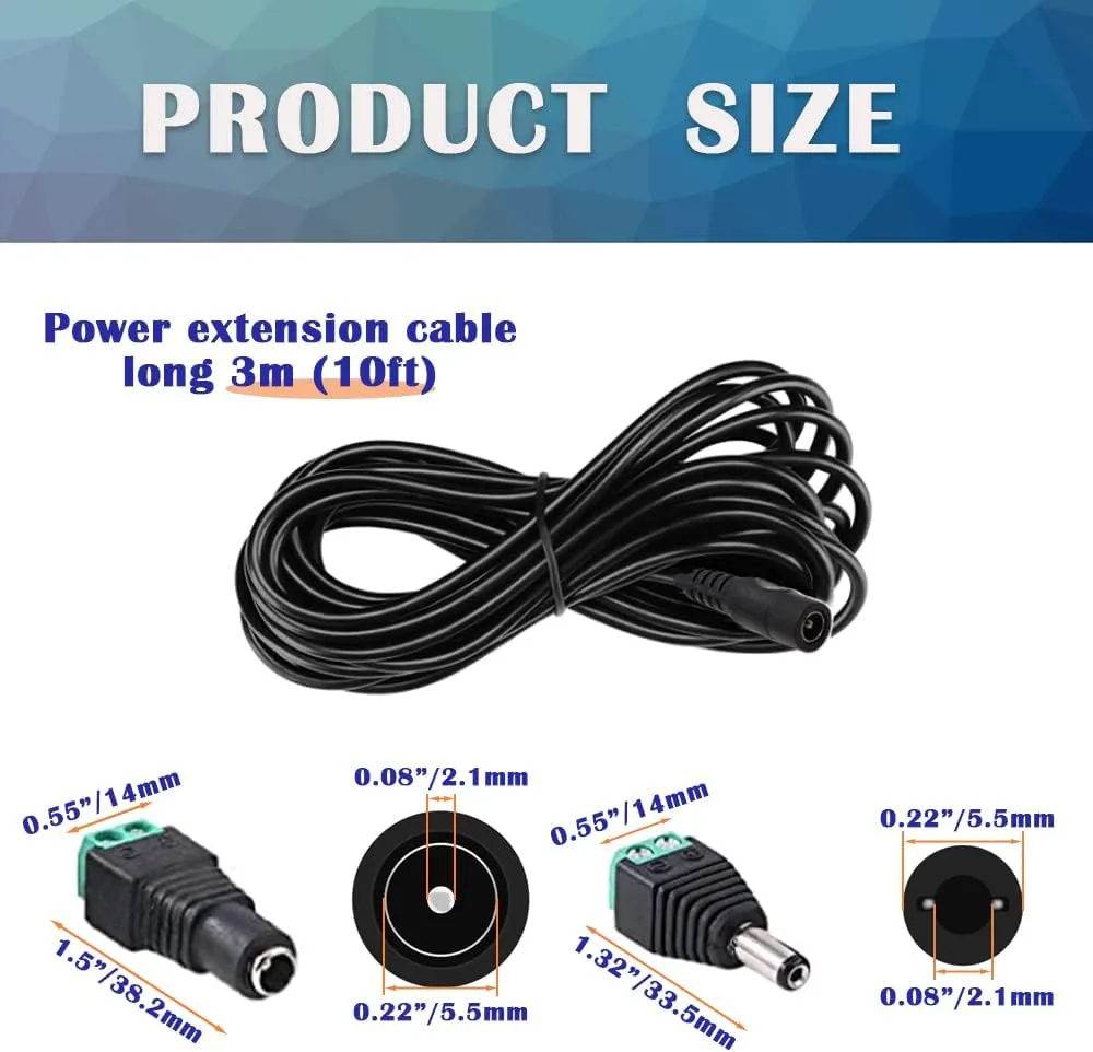 6PCS 10FT(3m) 12V DC Power Extension Cable with Power Jack Adapter Connectors(2 x Male   2 x Female) 5.5mm x 2.1mm DC Power Adapter Extension Cord and Cable Wire Ends Plug HE016-6