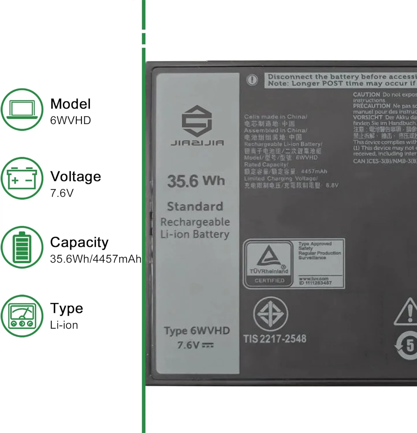 6WVHD 451-BDDY Laptop Battery Replacement for Dell Latitude 7230 Rugged Extreme Tablet T06H T06H001 Series Notebook FNW8F 0VDDJY VDDJY 0JM6CX JM6CX 7.6V 35.6Wh 4457mAh