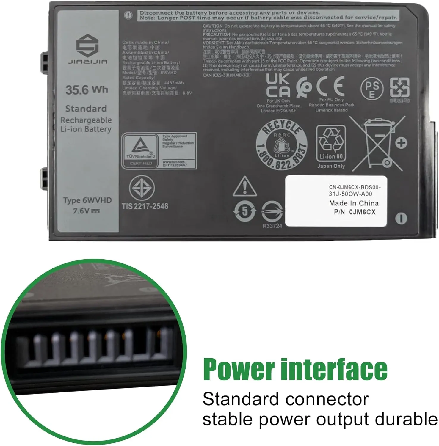 6WVHD 451-BDDY Laptop Battery Replacement for Dell Latitude 7230 Rugged Extreme Tablet T06H T06H001 Series Notebook FNW8F 0VDDJY VDDJY 0JM6CX JM6CX 7.6V 35.6Wh 4457mAh