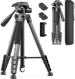 73" Camera Tripod Stand, Compatible with GoPro/DSLR/Cell Phone/Camcorder, with Phone Holder, Travel Bag,Max Load 8.8LB (Matte Black)
