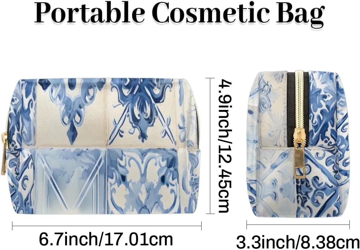 Abstract Beauty Boho Patterns Travel Makeup Bag for Women, PU Leather Waterproof Checkered Cosmetic Bags Large Make up Bag Zipper Pouch
