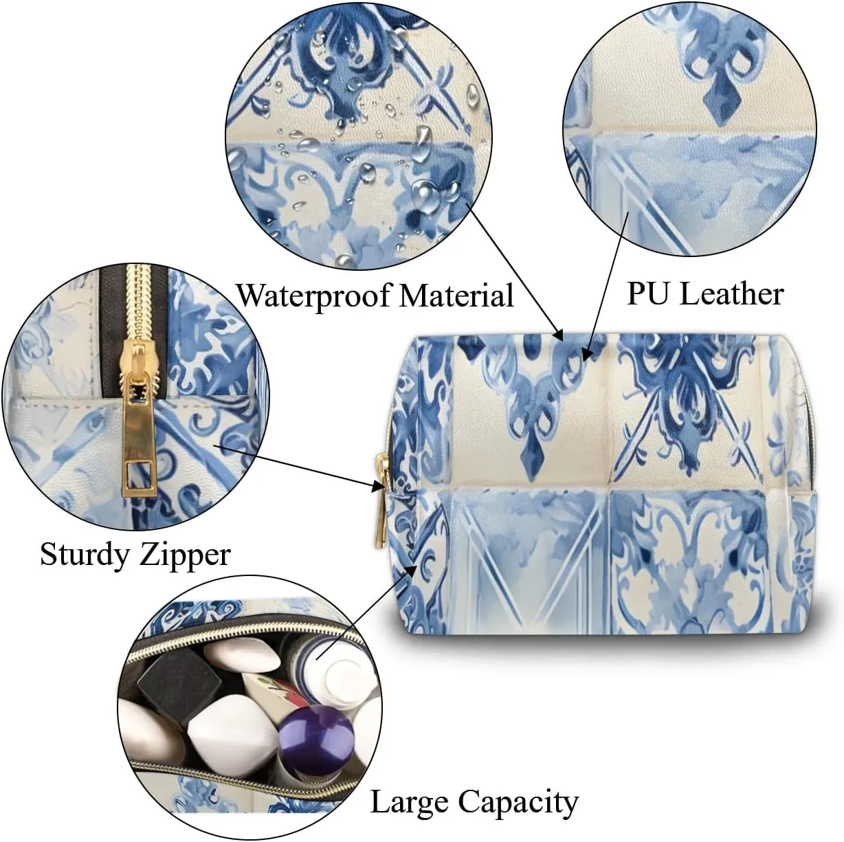 Abstract Beauty Boho Patterns Travel Makeup Bag for Women, PU Leather Waterproof Checkered Cosmetic Bags Large Make up Bag Zipper Pouch
