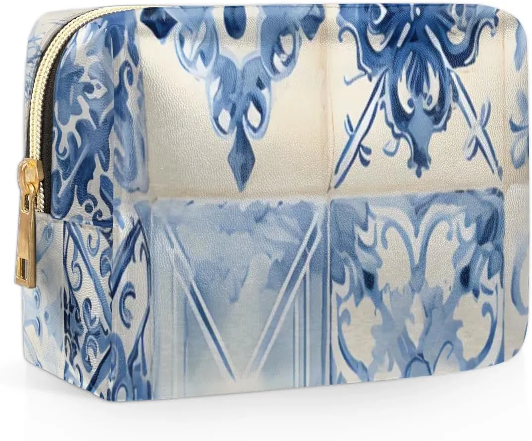 Abstract Beauty Boho Patterns Travel Makeup Bag for Women, PU Leather Waterproof Checkered Cosmetic Bags Large Make up Bag Zipper Pouch
