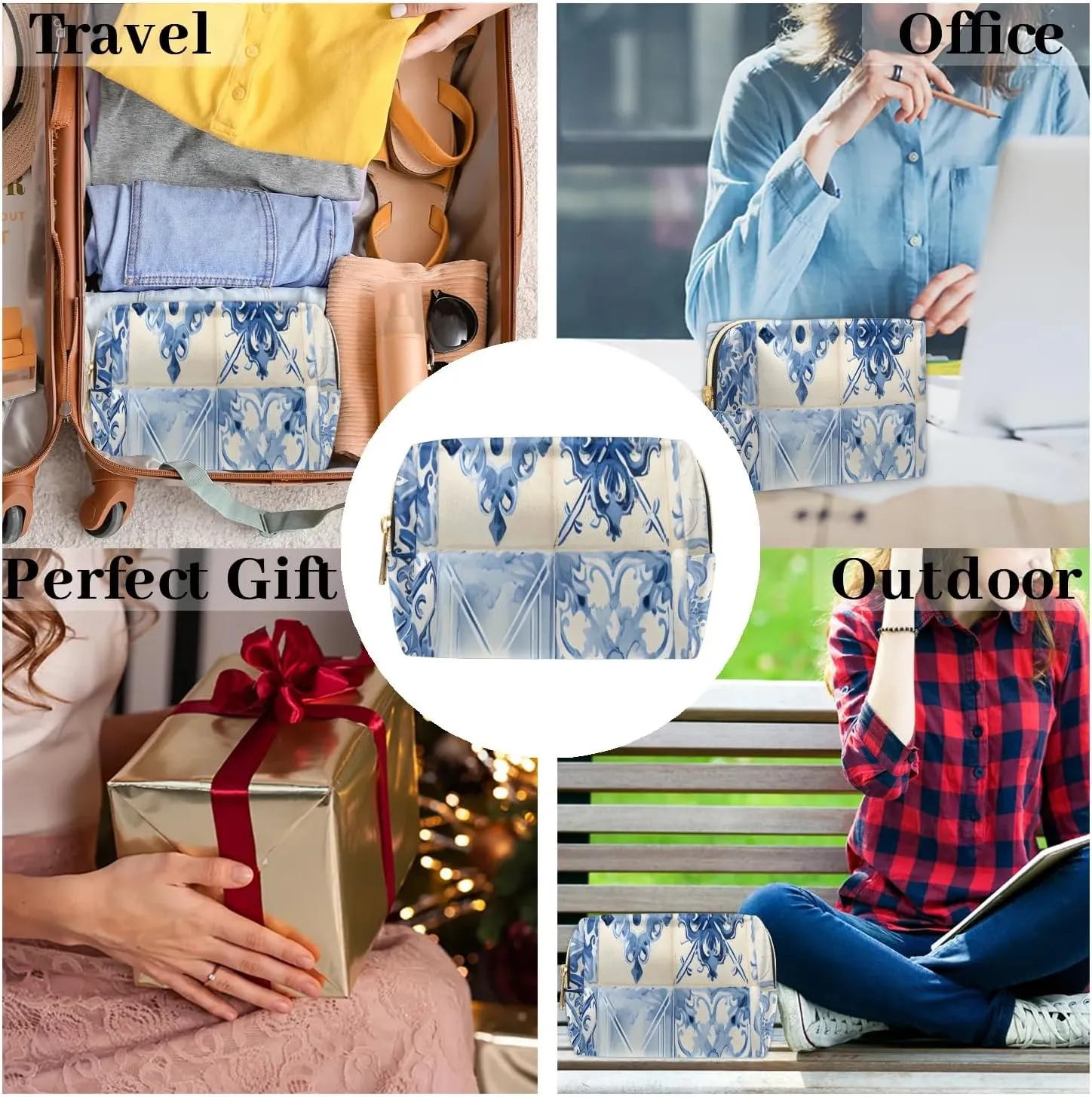 Abstract Beauty Boho Patterns Travel Makeup Bag for Women, PU Leather Waterproof Checkered Cosmetic Bags Large Make up Bag Zipper Pouch